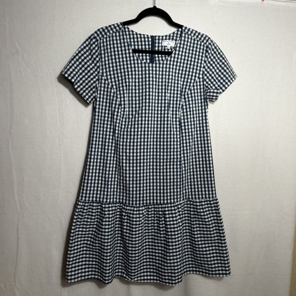 Universal Standard x J.Crew Navy White Gingham Drop Waist Poplin Size M Preppy